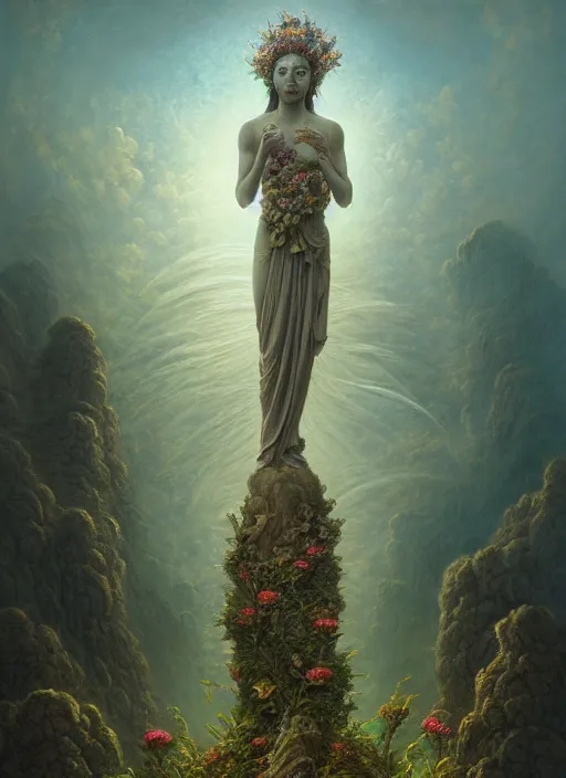 Prompt: statue of a long forgotten deity with flowers sprouting out of it, serene, in the style of tomasz alen kopera and fenghua zhong and peter mohrbacher, mystical colors, rim light, beautiful lighting, 8 k, stunning scene, raytracing, octane, trending on artstation