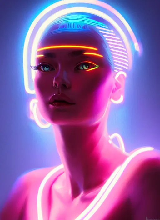 Image similar to portrait of female humanoid from 6 0 s era, intricate, elegant, cyber neon lights, highly detailed, digital painting, artstation, glamor pose, concept art, smooth, sharp focus, illustration, art by artgerm and greg rutkowski