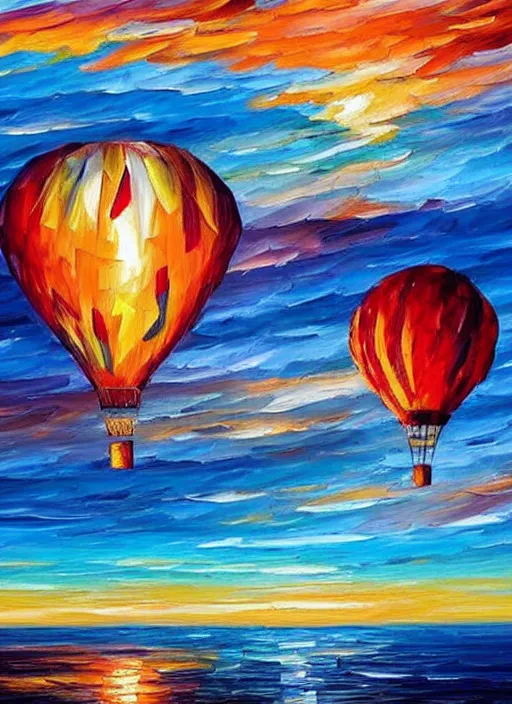 Image similar to beautiful hot air balloons over the ocean at sunset in the style of leonid afremov