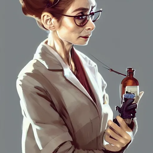 Prompt: a highly detailed epic cinematic concept art CG render digital painting artwork costume design: Audrey Hepburn as a mad scientist in a brown lab coat, with unkempt hair and crazy eyes. By Greg Rutkowski, Ilya Kuvshinov, WLOP, Stanley Artgerm Lau, Ruan Jia and Fenghua Zhong, trending on ArtStation, made in Maya, Blender and Photoshop, octane render, excellent composition, cinematic atmosphere, dynamic dramatic cinematic lighting, aesthetic, very inspirational, arthouse