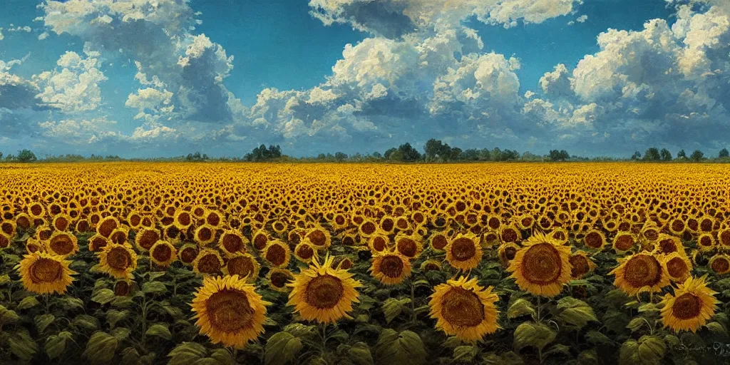 Image similar to Hyper realistic oil painting of an endless sunflower field, high contrast, deep and bright colors, blue skies, cinematic, by greg rutkowski