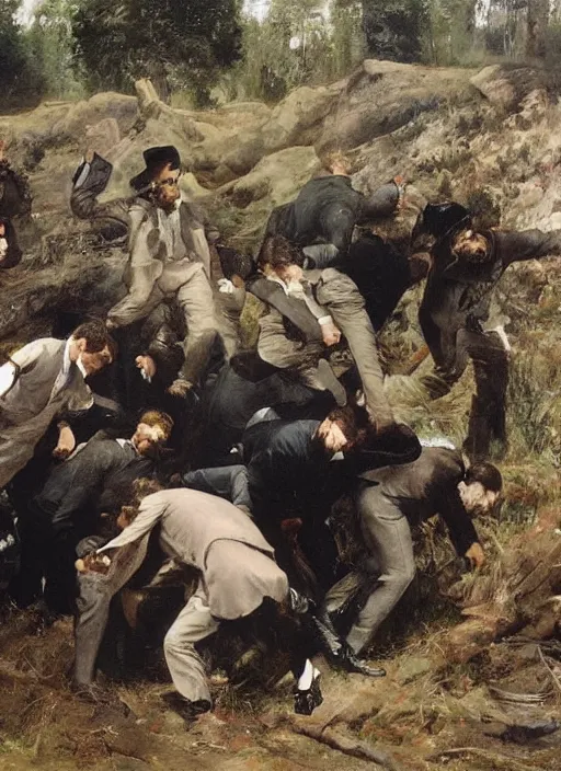 Image similar to artwork painting of the members of the mob dumping a body by eugene von guerard, ivan shishkin, john singer sargent