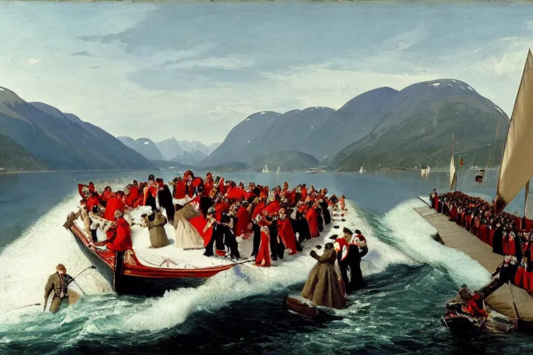 Prompt: a walrus attacking the bridal procession on the hardangerfjord by hans gude, adolph tidemand