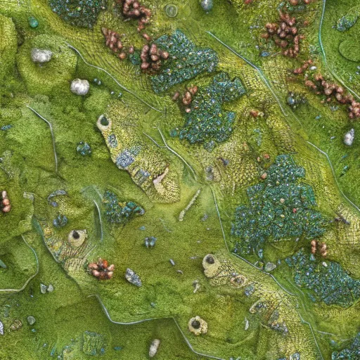 Image similar to topview, miniature photography closeup, h0, 1:87, reaction diffusion, Meadow, hills, highly detailed, satellite image, game map, anno 1404, civilization, unreal engine, megascans texture