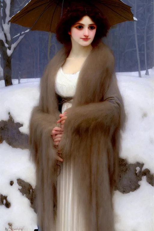 Image similar to snow lady in furry, painting by rossetti bouguereau, detailed art, artstation