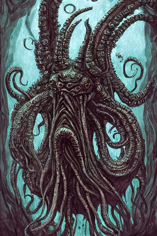 Image similar to ancient eldritch horror cthulhu, concept art, digital art, tarot card, highly detailed