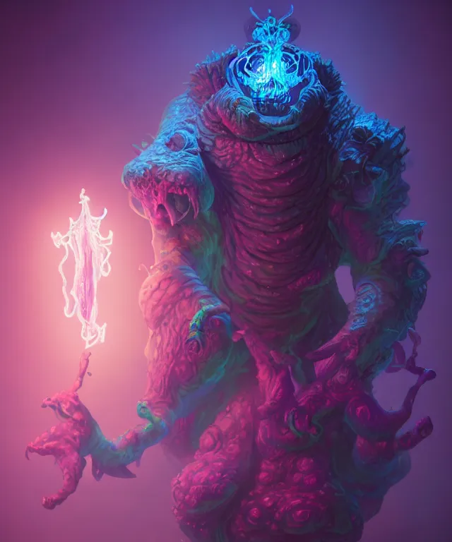 Prompt: a xanathar made of bioluminescence slimy skin, fantasy, elegant, crisp 8 k line art, digital painting, artstation, unreal engine, octane render, emissive lighting, concept art, matte, sharp focus, hyper realistic lighting, illustration, deep royal blue and pink color scheme, art by wlop