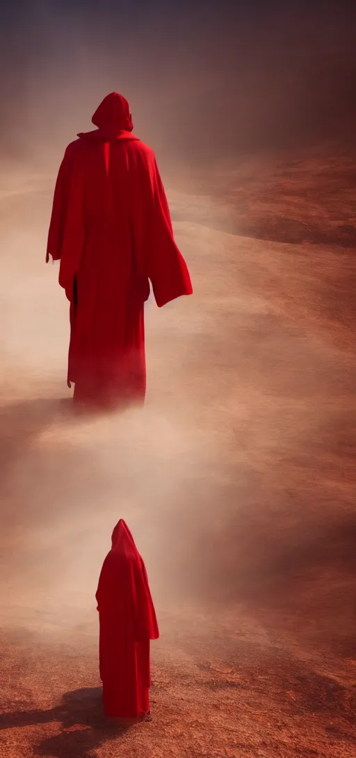 Image similar to an evil demon wearing red robes in a desert, sunny weather, rendered in octane, realistic, 8 k, vivid, intricate, detailed, mist, fog, dramatic light