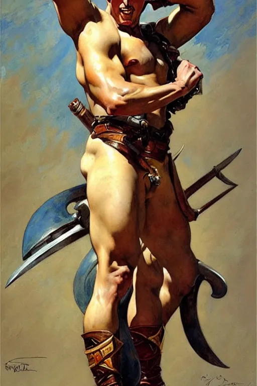 Image similar to warrior, attractive male, character design, painting by j. c. leyendecker, gaston bussiere, frank frazetta, tom of finland, trending on artstation