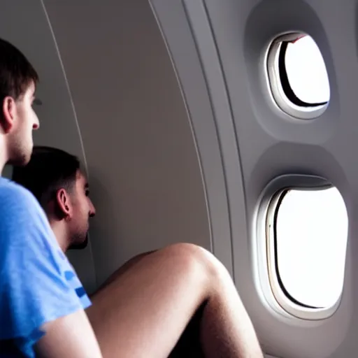 Prompt: a man is sitting in an airplane, watching his friends enjoy bouldering in a gym