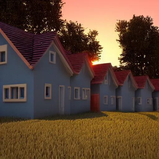 Image similar to houses made of clay, vaponpunk, sunset, 8k, soft light, ray tracing, wet ground