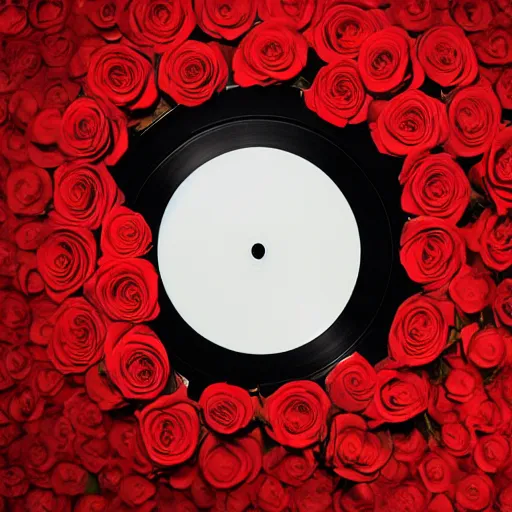 Image similar to red roses, laying on a vinyl record, dark photography