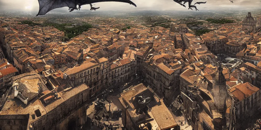 Image similar to the monumental city of caceres with a dragon flying over it, dramatic lighting, cinematic, extremly high detail, photorealistic, cinematic lighting, post processed, concept art, artstation, matte painting, style by greg rutkowsky