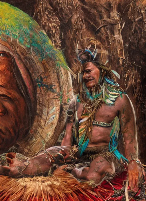 Image similar to a realistic painting of indigenous man sitting behind a shamanic drum, highly detailed, matte painting, fantasy art, ayahuasca