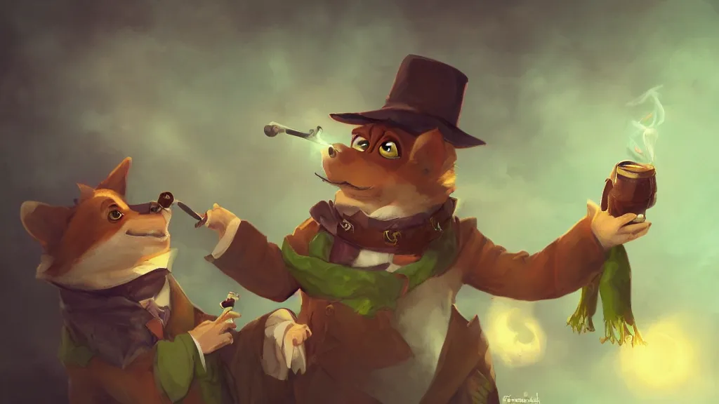 Prompt: An anthropomorphic corgi with a smoking pipe and a green scarf around his neck dressed as a wandering salesman in a fantasy setting, dreamscape, dramatic lighting, fantasy art illustration, trending on artstation, Aetherpunk