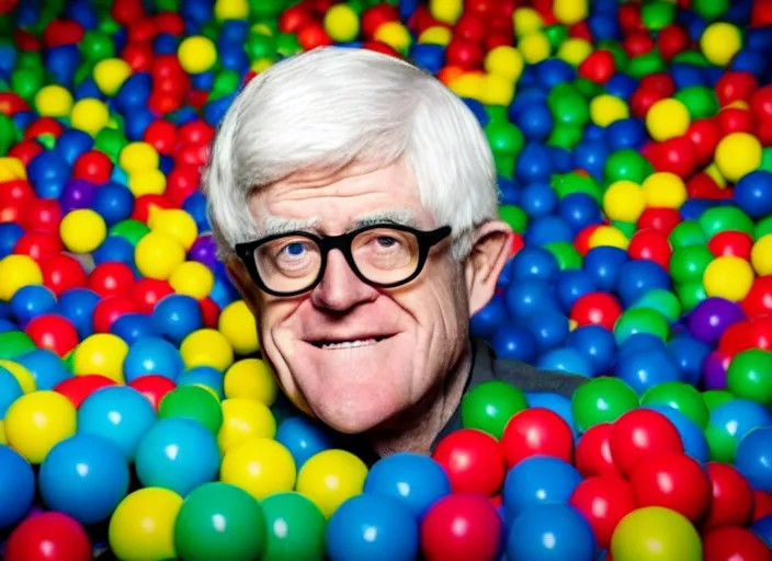 Image similar to photo still of phil donahue in a ball pit!!!!!!!! at age 6 6 years old 6 6 years of age!!!!!!!! hiding from parents, 8 k, 8 5 mm f 1. 8, studio lighting, rim light, right side key light