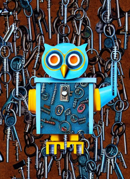 Image similar to colored pencil and pen drawing of an animatronic robot owl, bird made from rusty old keys and padlocks, space background, 8 k photorender realityengine