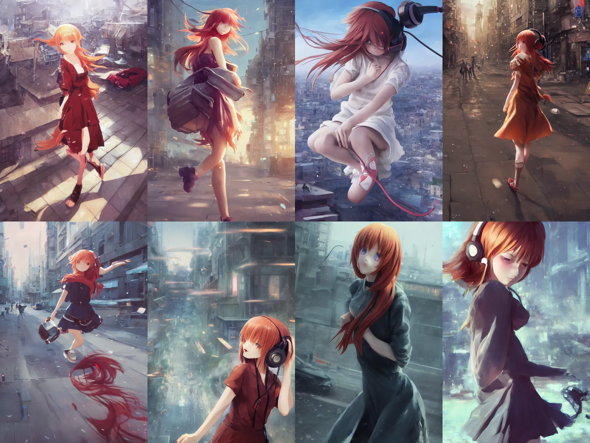 Prompt: Very complicated dynamic composition, realistic anime style at Pixiv CGSociety by Greg Rutkowski, trending on artstation. Zbrush sculpt colored, Octane render in Maya and Houdini VFX, cute young redhead girl in motion, she expressing joy, wearing dress, headphones, silky hair, stunning deep eyes. In cityscape. Very expressive and inspirational. Amazing textured brush strokes. Cinematic dramatic atmosphere, soft volumetric studio lighting.