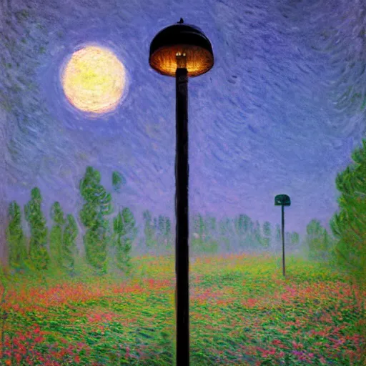 Image similar to Moon on a lamppost in the forest by Simon Stålenhag and Claude Monet, oil on canvas