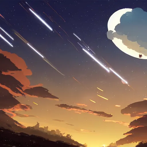 Prompt: Night sky with many meteorites, concept art, 4k, highly detailed, by Makoto Shinkai