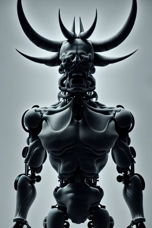 Image similar to Techno-God is an ancient mechanical gray giant horned humanoid, digital art, 8k, hyperrealism, high detail, ray tracing, concept art, octane render