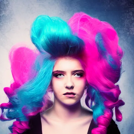 Image similar to a dramatic portrait photo of a beautiful young woman with cotton candy hair. with a little bit of cyan and pink