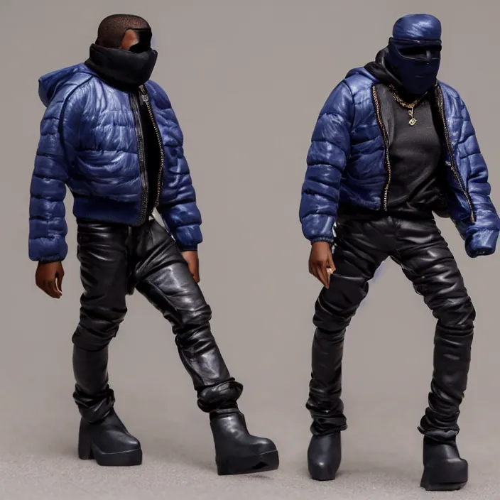 Image similar to a goodsmile figure of kanye west using a full face covering black mask, a small, tight, undersized reflective bright blue round puffer jacket made of nylon, dark jeans pants and big black balenciaga rubber boots, figurine, detailed product photo