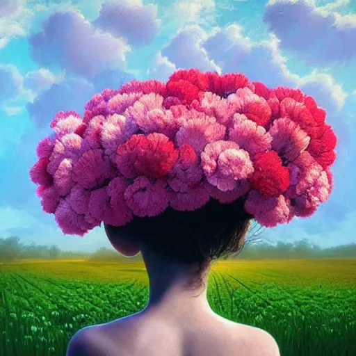 Image similar to head made of carnations, girl standing in a vast flower field, holding flowers, surreal photography, sunrise dramatic light, impressionist painting, colorful clouds, large sky, digital painting, artstation, simon stalenhag, flower face