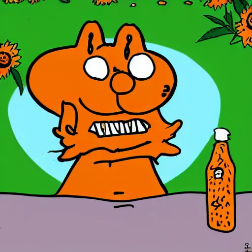 Image similar to Garfield with red eyes and weed around, children drawning,