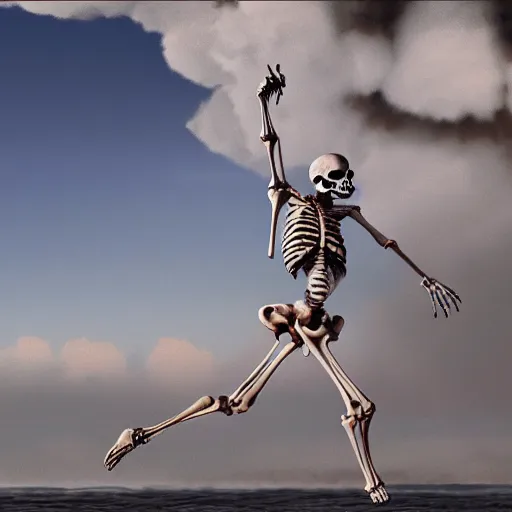 Prompt: Professional painting of anatomically correct skeleton in bikini walks along the beach, big nuclear bomb explosion in the background, trending on Artstation, realistic, ultra detail