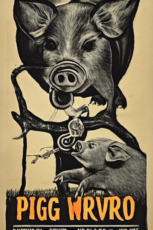 Image similar to a poster for a horror movie about a pig 1984