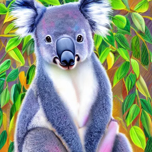 Prompt: cute fuzzy hybrid animal cross between koala and kangaroo colorful furry detailed painting 4 k