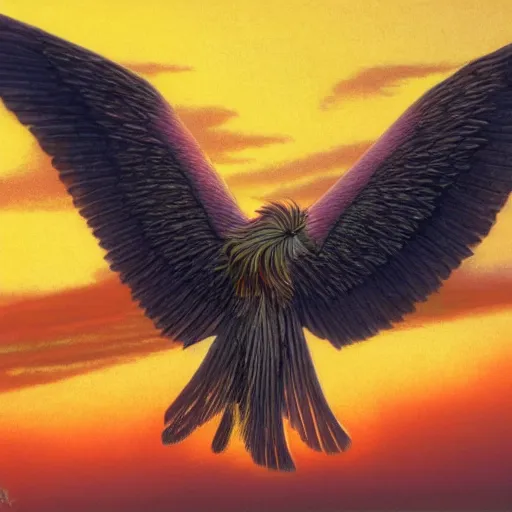 Image similar to a griffon unfurling its wings at sunset by michael whelan and james gurney