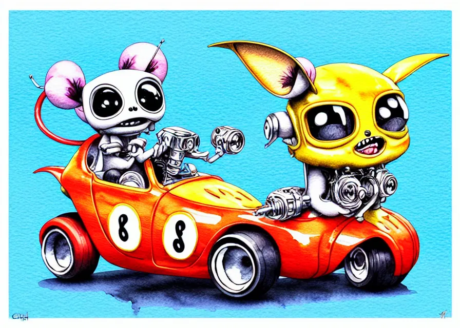 Prompt: cute and funny, gizmo wearing a helmet riding in a hot rod with oversized engine, ratfink style by ed roth, centered award winning watercolor pen illustration, isometric illustration by chihiro iwasaki, edited by range murata, tiny details by artgerm and watercolor girl, symmetrically isometrically centered