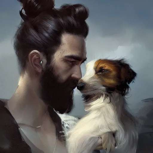 Prompt: a beautiful painting dramatic portrait of a young man with long hair tied in a bun and black beard holding a jack russell by greg rutkowski, featured on artstation
