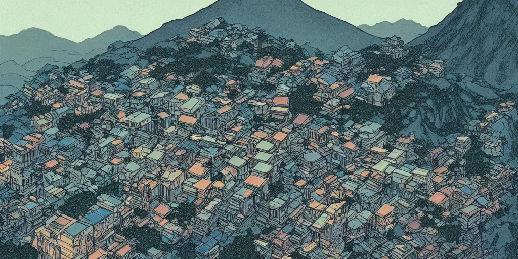 Prompt: a powerful japanese village high in mountains, concept art by moebius and laurie greasley, fantastic landscape, 8 k, cinematic color grading