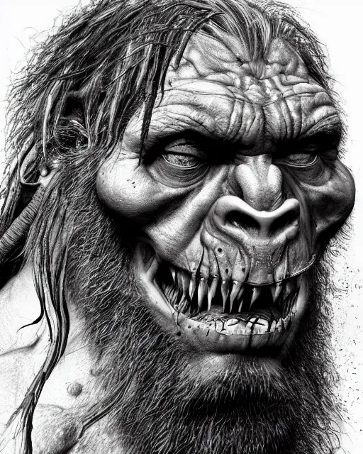 Image similar to orc, hyper realism, fine details, deviantart artstation, extremely detailed, black and white, very sharp, in the style of albrecht durer