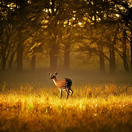 Image similar to a beautiful spotted deer in the woods lit by the morning sky, sunrise, chital, photorealistic, by annie leibovitz and steve mccurry, natural light, canon eos c 3 0 0, ƒ 1. 8, 3 5 mm, 8 k, medium - format print