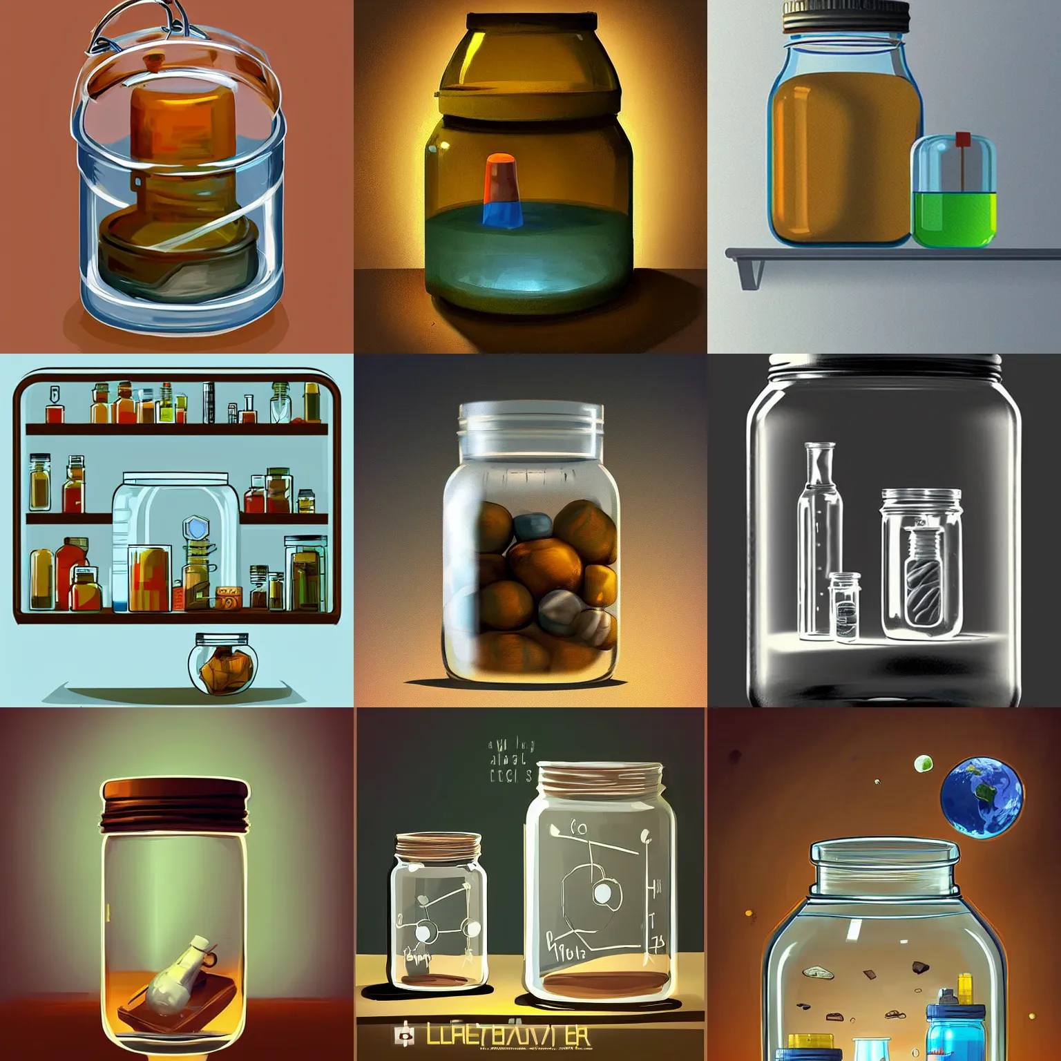 Prompt: a laboratory, jar on a shelf, inside the jar is a tiny!!!!!!!!!! planet earth, digital art, artstation