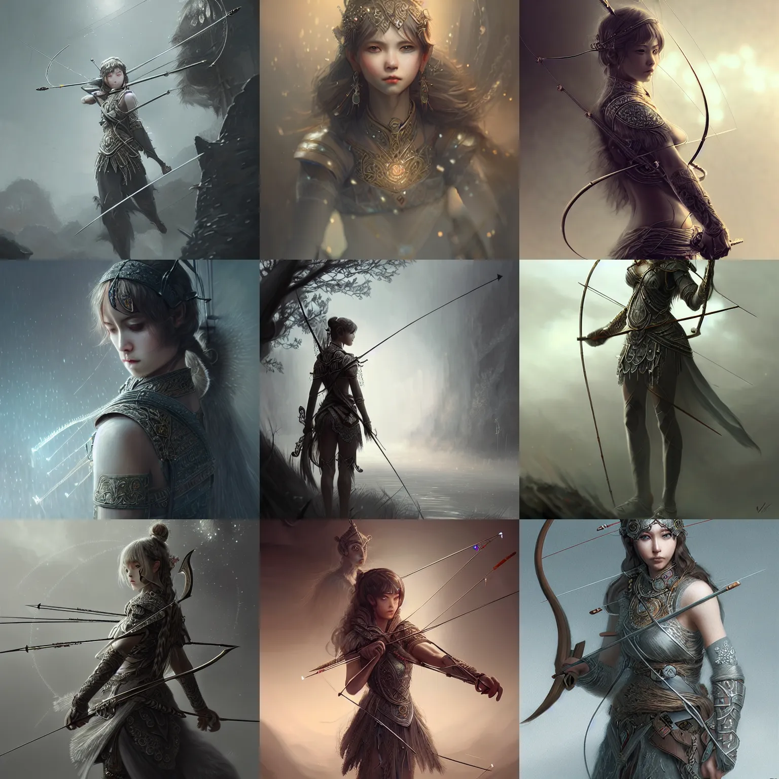 Image similar to beautiful extremely detailed intricate concept art depicting an archer by wlop. shining jewelry. grey atmosphere. particles in the background. bcy. net