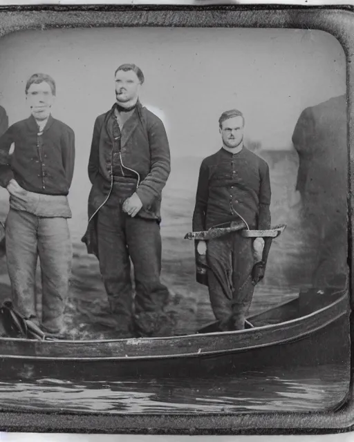 Image similar to tintype of four 19th century sailors stranded at sea in a small rowboat, photorealistic