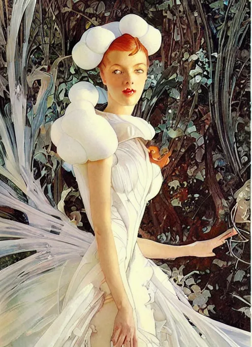 Image similar to a copic maker art nouveau portrait of a real russian model girl detailed features wearing a puffy futuristic weeding dress and a latex suit designed by balenciaga by john berkey, norman rockwell akihiko yoshida