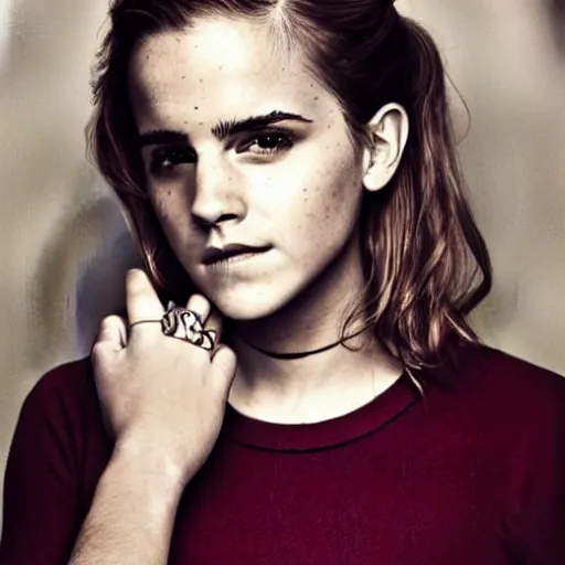 Prompt: A photo of tough looking emma watson. she has rings on his fingers. 50 mm. perfect ring.