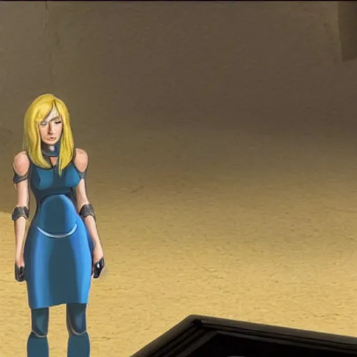 Image similar to A still of Samus Aran from Metroid in Game of Thrones (2011), wearing a light-blue dress, photorealistic