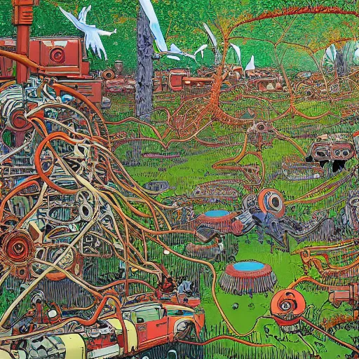 Prompt: a panoramic painting of a mechanical forest by Dan Santat and Geof Darrow, high detail, masterpiece