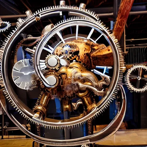 Image similar to a clockwork mechanical bull there are gears sticking out of the mechanical bull steam emanates from the robotic bull and thick clouds of steam swirl around the clockwork bull, ultra high detail, high particle effects, highly reflective surface, realistic reflections