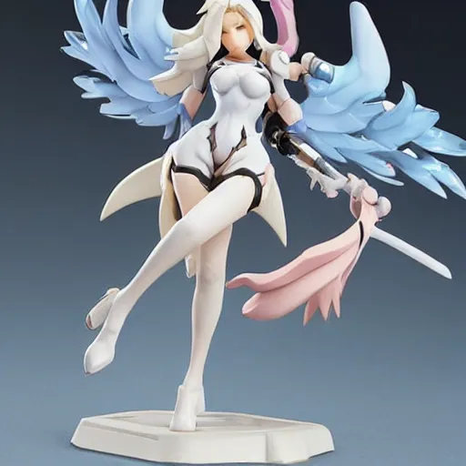 Image similar to still figurine of mercy from overwatch, statue, personification, dynamic pose, amazing details, detailed product photo, official art, featured on pixiv, 8 5 mm, f. 1 4, beautiful composition, anime