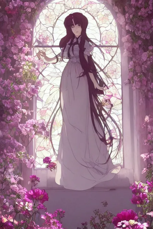 Prompt: a beautiful render of absolutely beautiful princess that wear rose flower wedding gothic lolita dress clothing stay in blooming flower house alone, a beautiful face, dazzling light beam penetrated through the window, perfectly shaded, atmospheric lighting, style of makoto shinkai, raphael lacoste, louis comfort tiffany, artgerm, karol bak, james jean, alphonse maria mucha