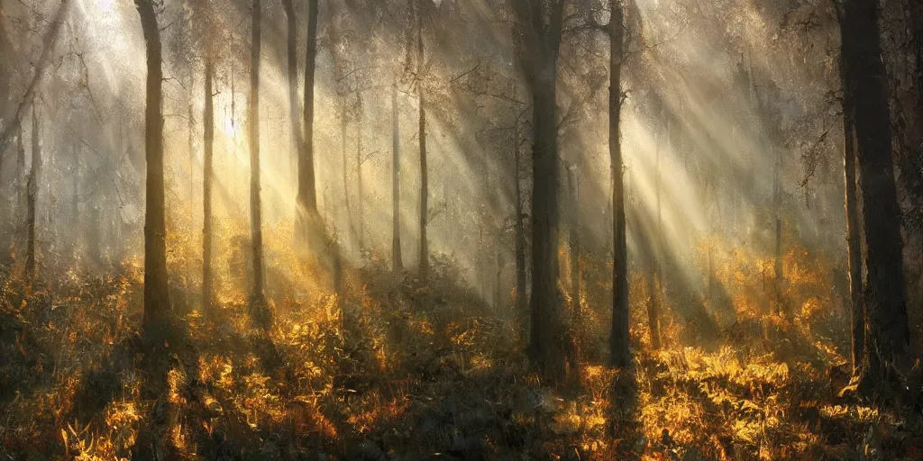 Prompt: A Craig Mullins oil painting of a hauntingly beautiful forest in the morning with straight vertical trees; rays of light coming through the canopy; trending on artstation; extraordinary masterpiece!!!!!!; 8k