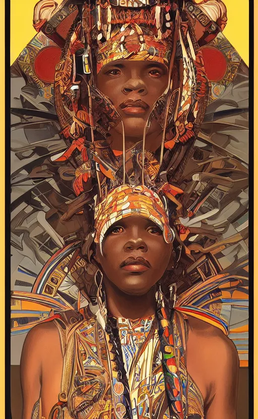 Prompt: a retro futuristic african tribal chief, art by joseph christian leyendecker, design blocking by alphonso mucha, poster design by drew struzan, highly detailed, digital painting, concept art, smooth sharp focus, intricate, symmetry,
